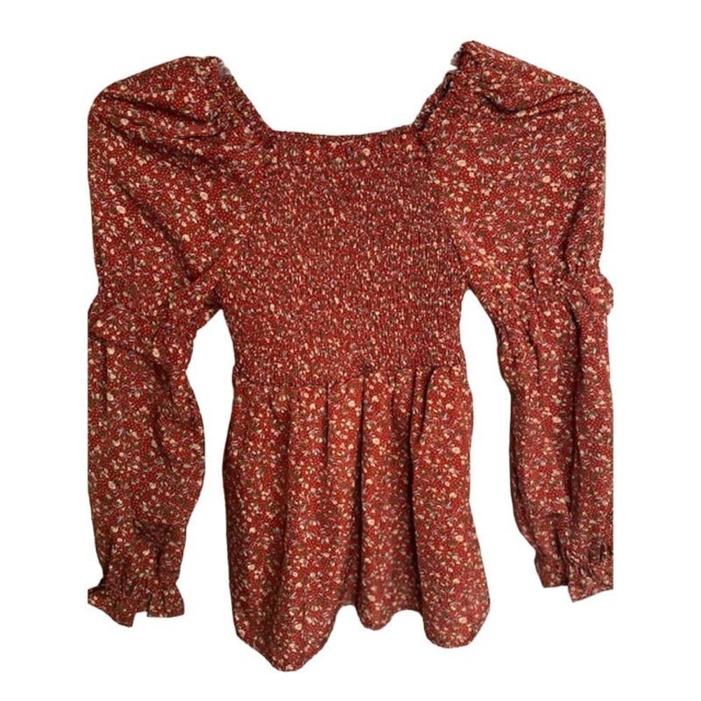 HAYDEN GIRLS RED FLORAL RUFFLE SLEEVES BABY DOLL TOP SZ S